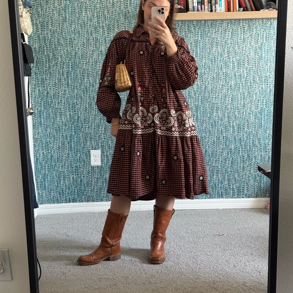 Forever that girl Anthropologie embroidered checkered Plaid‎ Dress